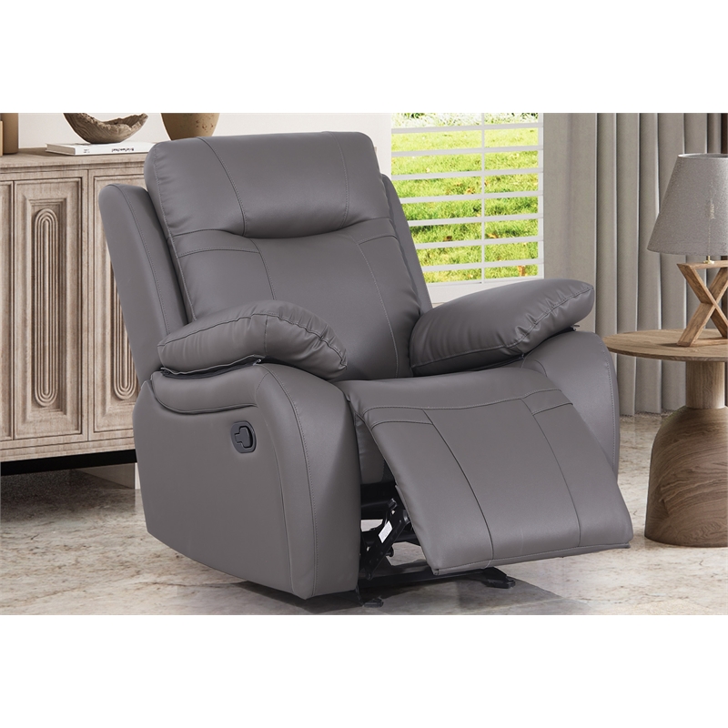 Pemberly Row Manual Faux Leather Recliner Couch Reclining Arm Chair in Gray