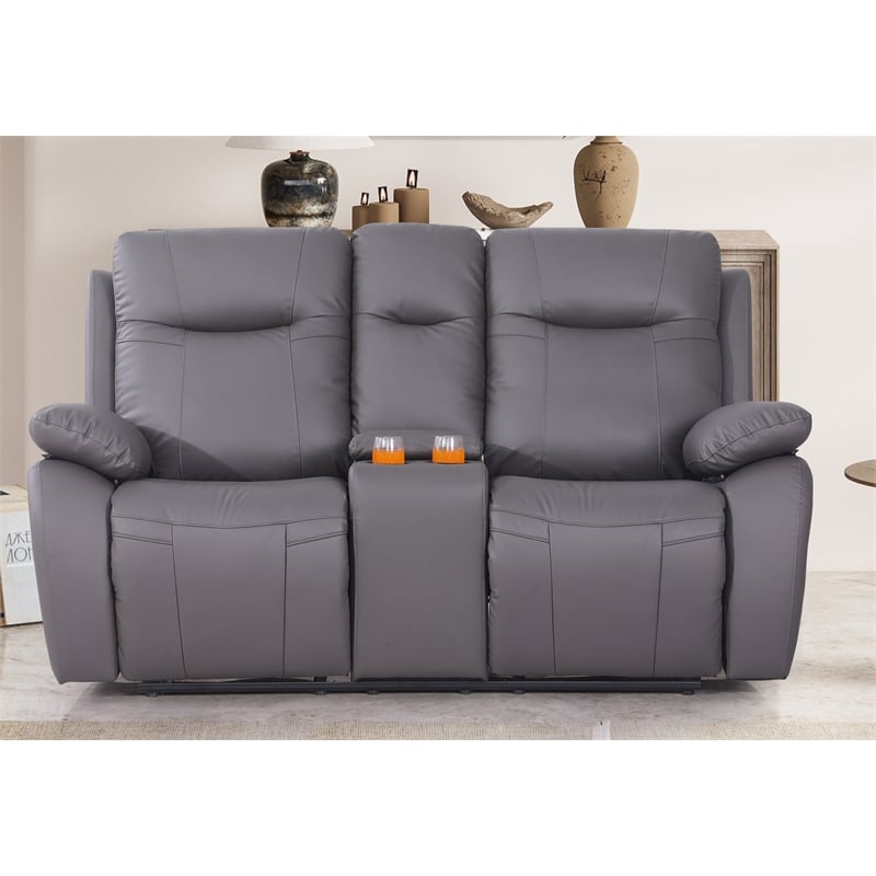 Pemberly Row Manual Faux Leather Recliner Loveseat Sofa w/ Drink Holder in Gray