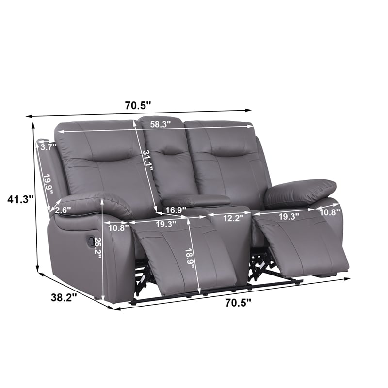 Pemberly Row Manual Faux Leather Recliner Loveseat Sofa w/ Drink Holder in Gray