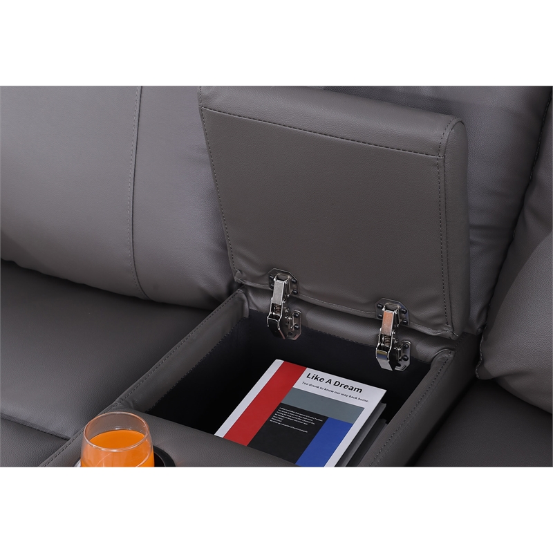 Pemberly Row Manual Faux Leather Recliner Loveseat Sofa w/ Drink Holder in Gray