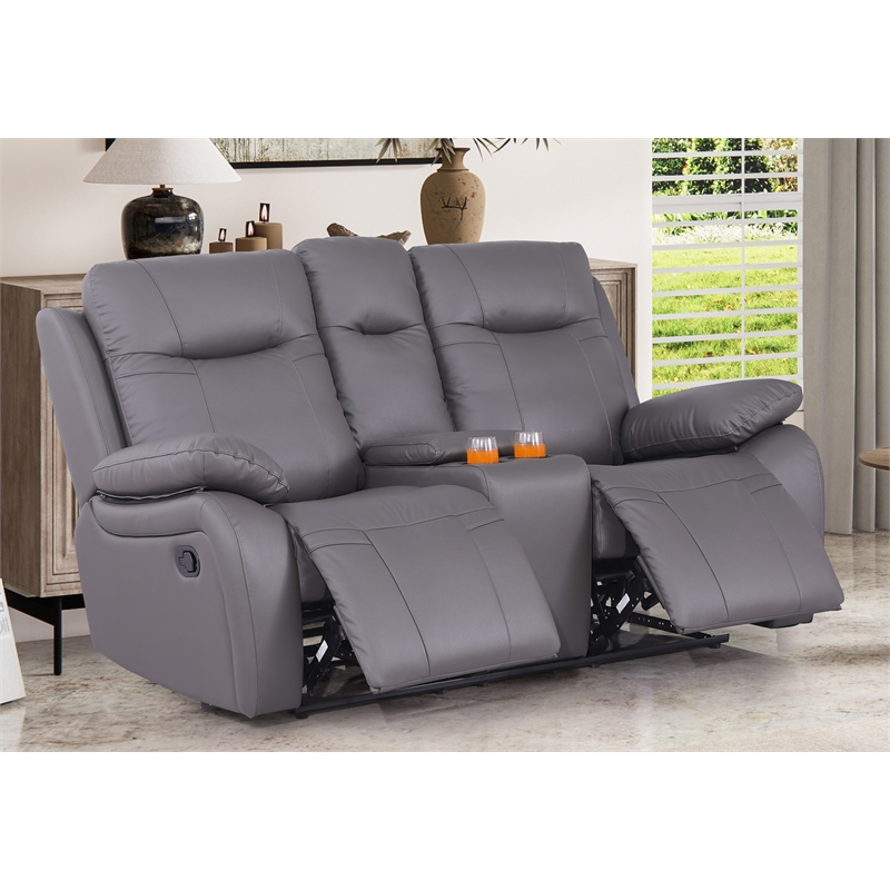 Pemberly Row Manual Faux Leather Recliner Loveseat Sofa w/ Drink Holder in Gray