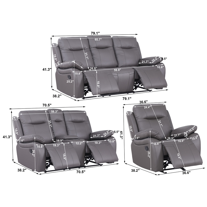 Pemberly Row Recliner Sofa Faux Leather 3 Pieces Manual Recliners Couch Set Gray
