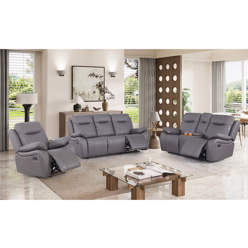 Pemberly Row Recliner Sofa Faux Leather 3 Pieces Manual Recliners Couch Set Gray