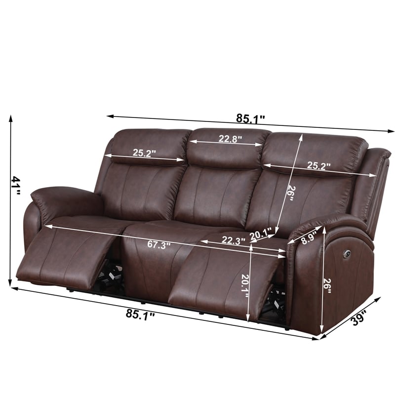 Pemberly Row Recliner Leather Sofa Power Reclining 3 Seater Sofa in Brown