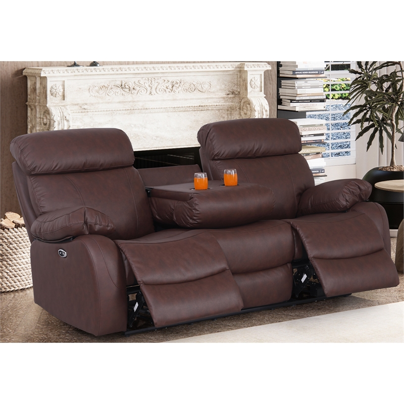 Pemberly Row Power Recliner Sofa Leather 3 Seater Theater Couch in Brown
