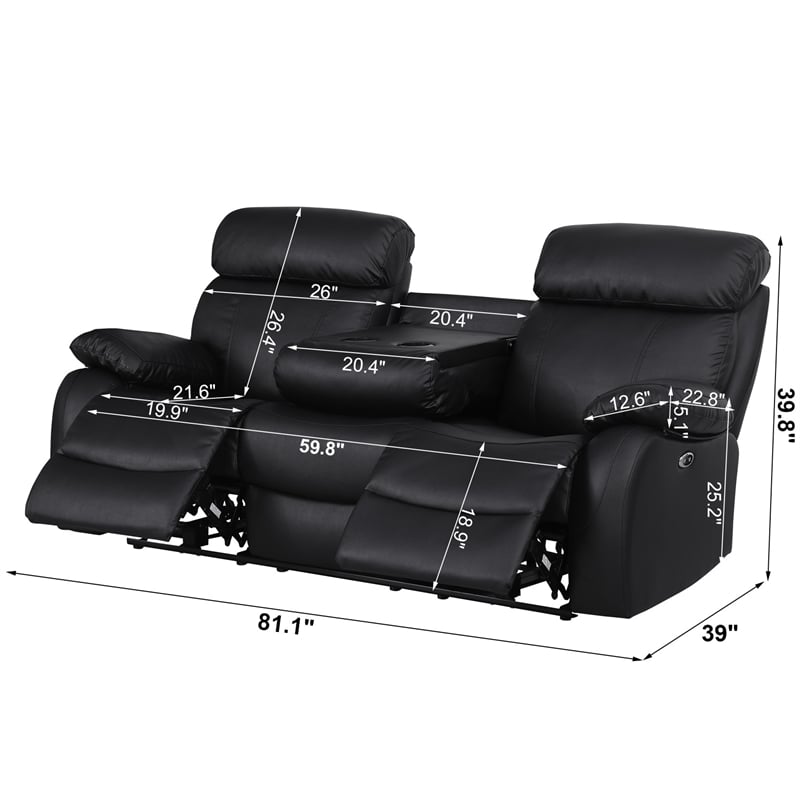 Pemberly Row Power Recliner Sofa Leather 3 Seater Theater Couch in Black