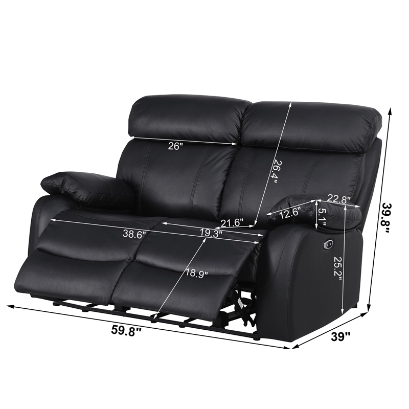 Pemberly Row Leather Recliner Loveseat Power Lift Reclining Sofa in Black