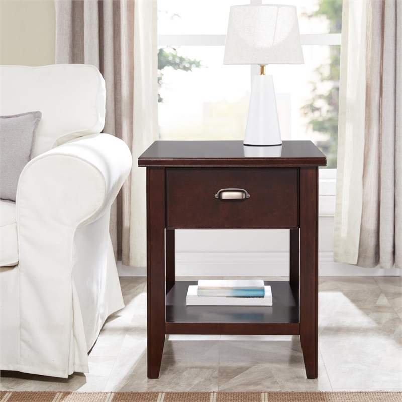 Pemberly Row End Table with Locking Drawer in Chocolate Cherry