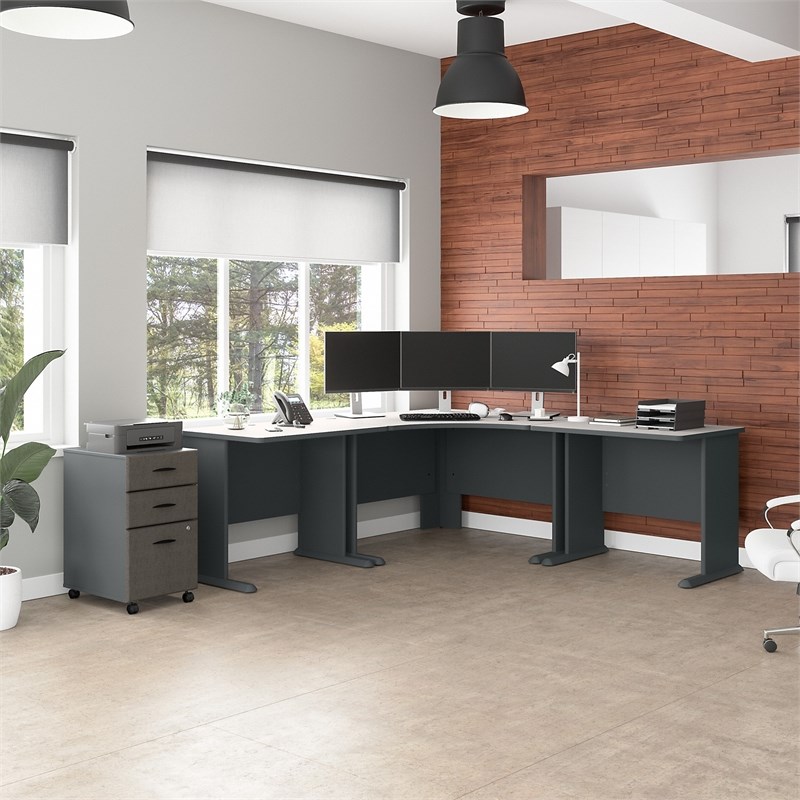 Pemberly Row Corner Desk with Mobile File in Slate/White - Engineered Wood