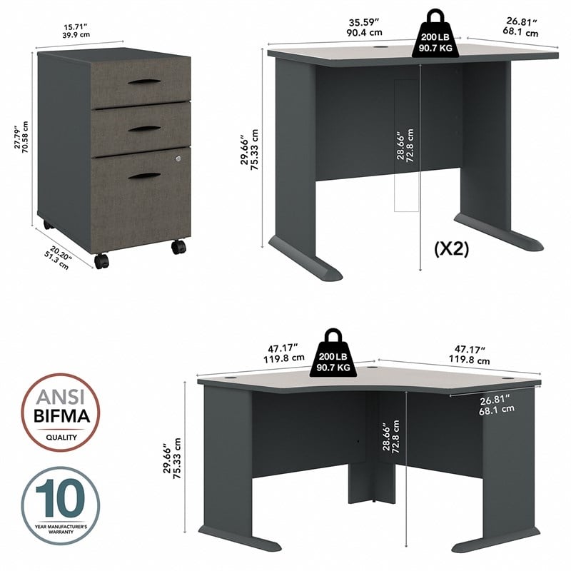 Pemberly Row Corner Desk with Mobile File in Slate/White - Engineered Wood
