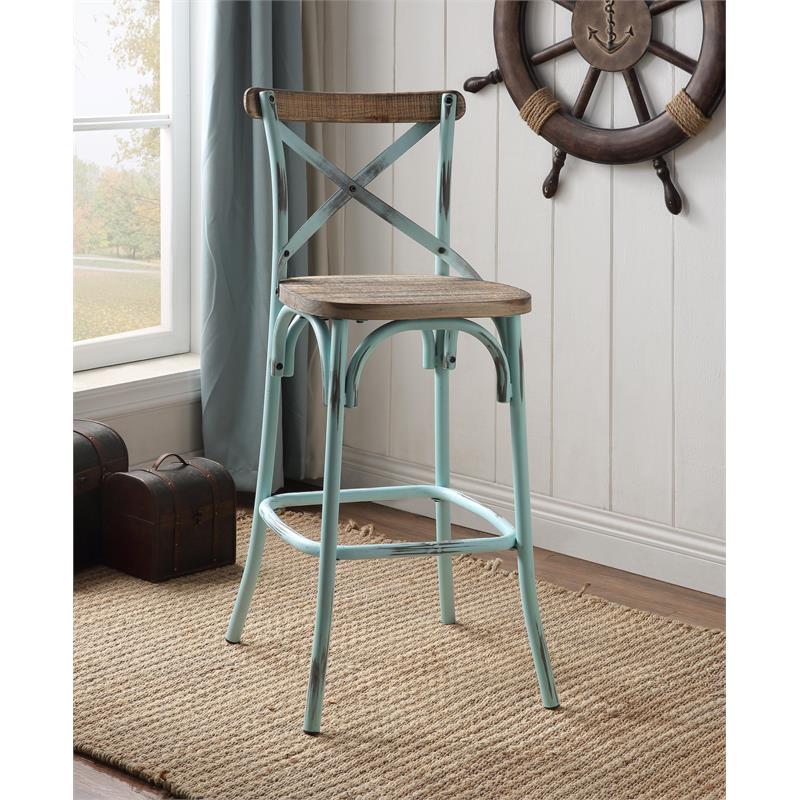 Pemberly Row Armless Bar Stool with Wooden Seat in Antique Sky and Antique Oak