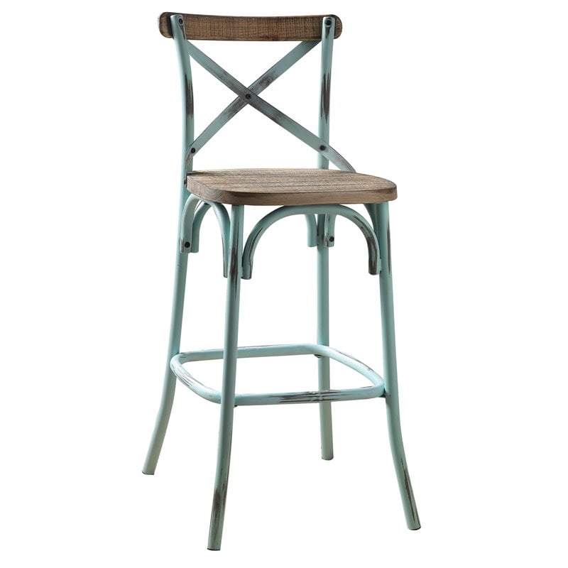 Pemberly Row Armless Bar Stool with Wooden Seat in Antique Sky and Antique Oak