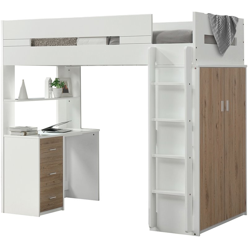 Pemberly Row Twin Wooden Storage Loft Bed with Shelf in White and Oak