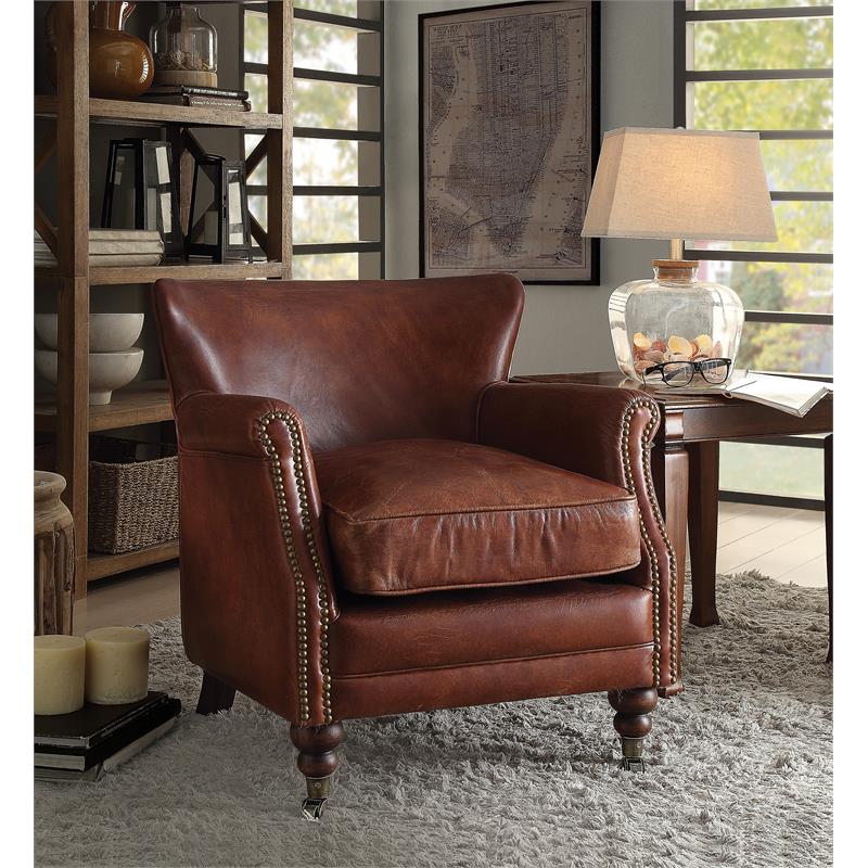 Pemberly Row Top Grain Leather Upholstery Accent Chair in Vintage Dark Brown