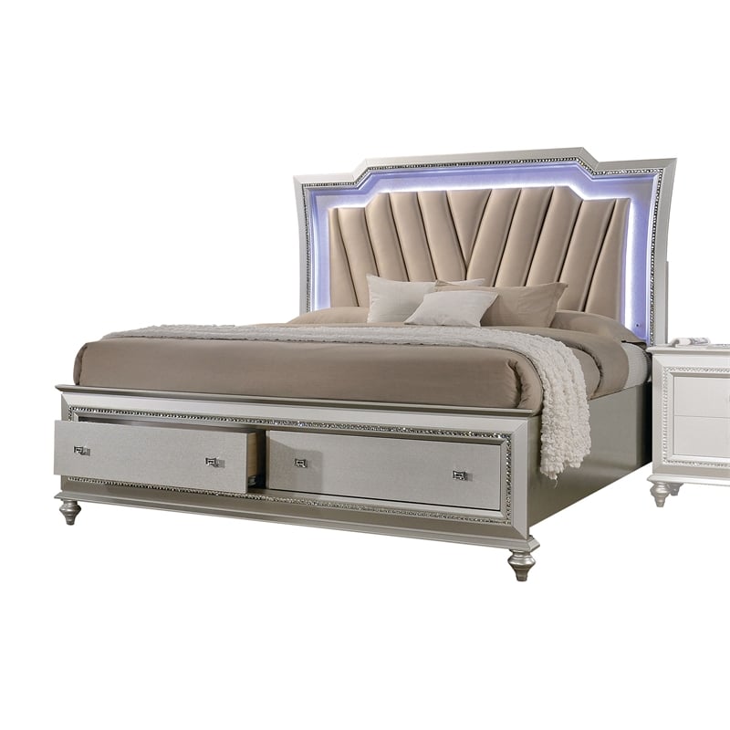 Pemberly Row Faux Leather Upholstered Queen Storage Bed with LED in White