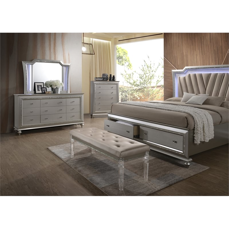 Pemberly Row Faux Leather Upholstered Queen Storage Bed with LED in White