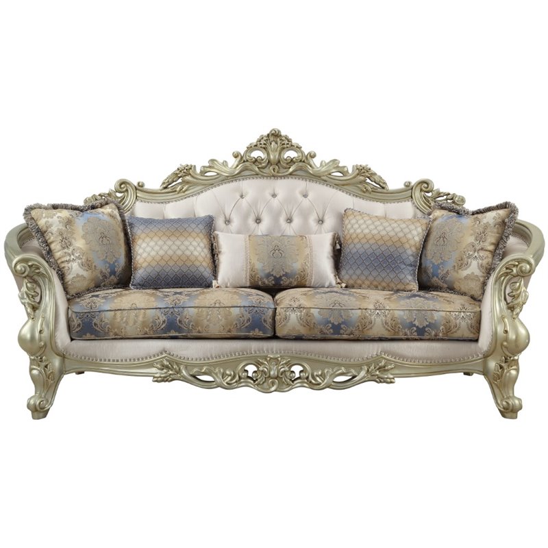 Pemberly Row Sofa with 5 Pillows in Cream Fabric and Golden Ivory