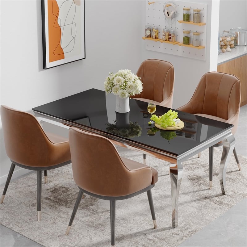 Pemberly Row Dining Table in Stainless Steel and Black Glass