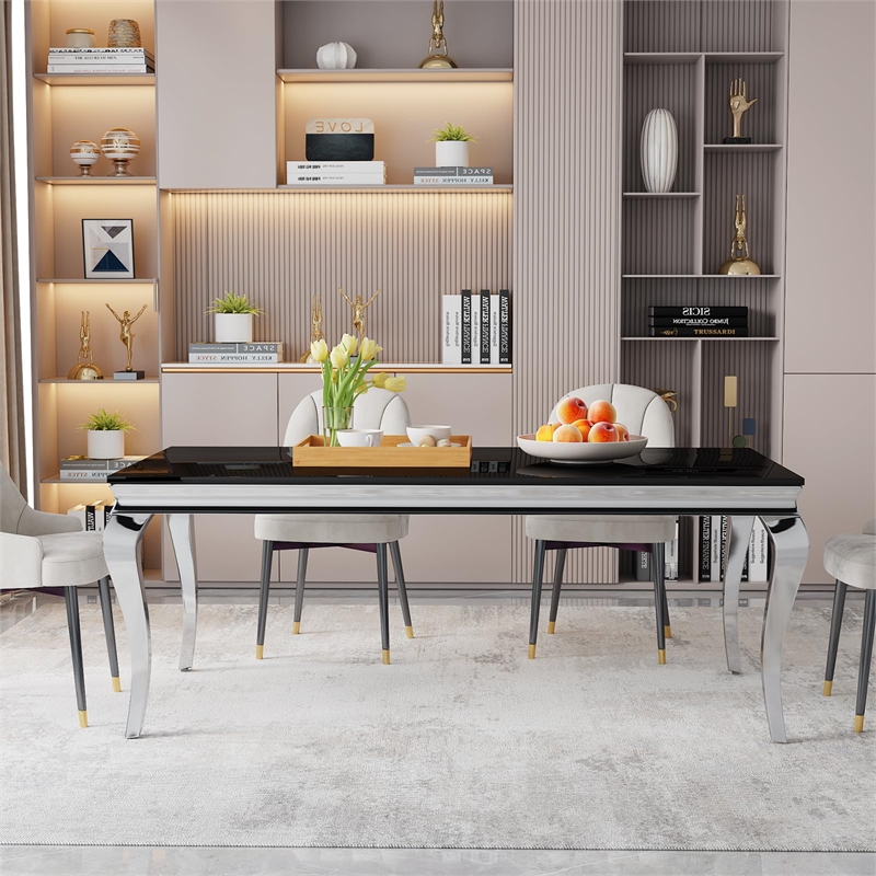 Pemberly Row Dining Table in Stainless Steel and Black Glass