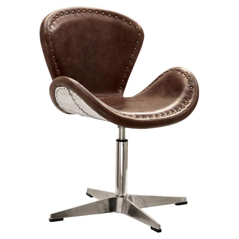 Pemberly Row Leather Upholstery Accent Chair in Retro Brown and Aluminum