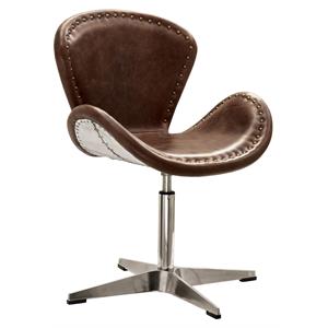 Pemberly Row Leather Upholstery Accent Chair in Retro Brown and Aluminum