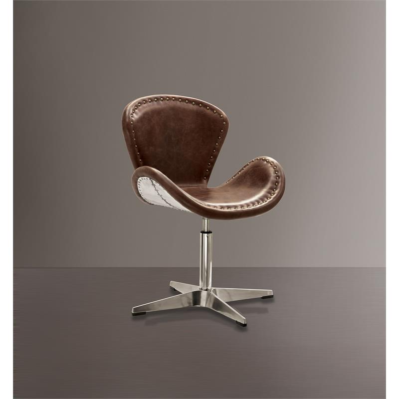 Pemberly Row Leather Upholstery Accent Chair in Retro Brown and Aluminum
