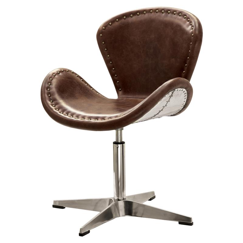 Pemberly Row Leather Upholstery Accent Chair in Retro Brown and Aluminum