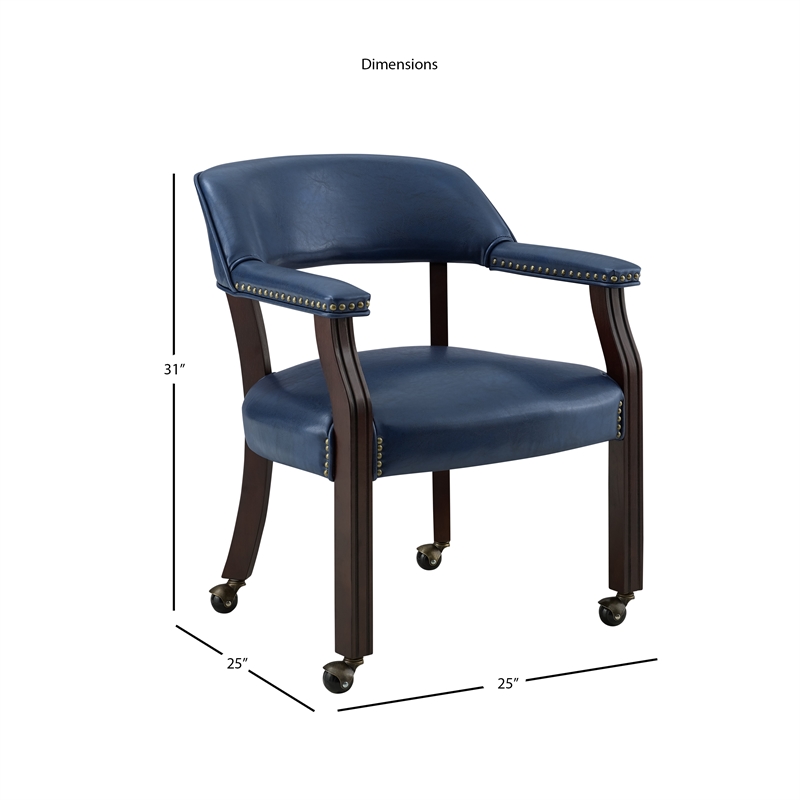 Pemberly Row Modern Navy Blue Faux Leather Arm Chair with Casters