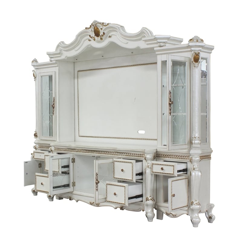 Pemberly Row Wooden Entertainment Center with Bridge in Antique Pearl