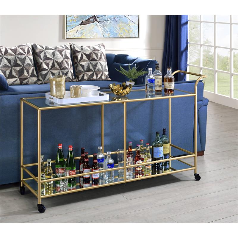 Pemberly Row Rectangular Glass Top Serving Cart in Gold Glass and Mirrored
