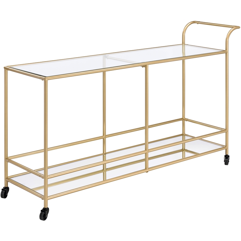 Pemberly Row Rectangular Glass Top Serving Cart in Gold Glass and Mirrored