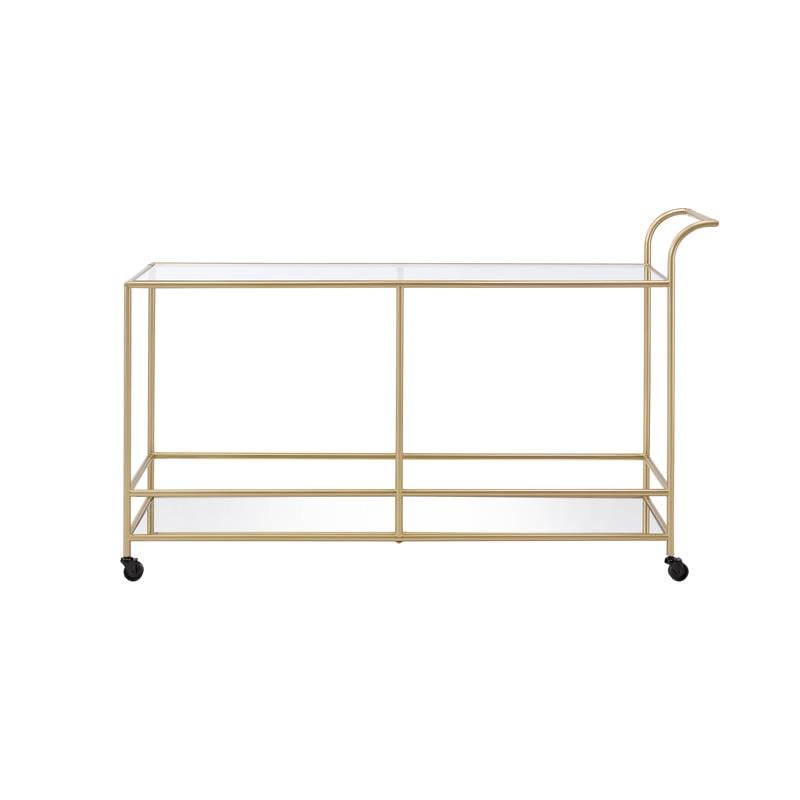 Pemberly Row Rectangular Glass Top Serving Cart in Gold Glass and Mirrored