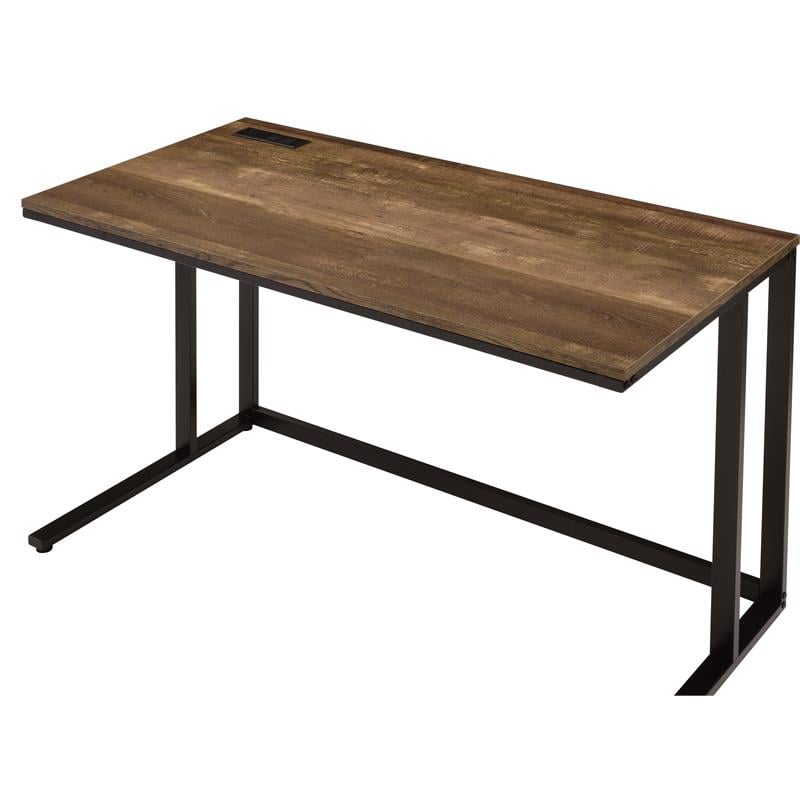 Pemberly Row Wooden Rectangle Top Writing Desk with USB Port in Walnut and Black