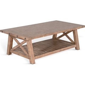 Pemberly Row 52&quot Farmhouse Mahogany Wood Coffee Table in Light Brown