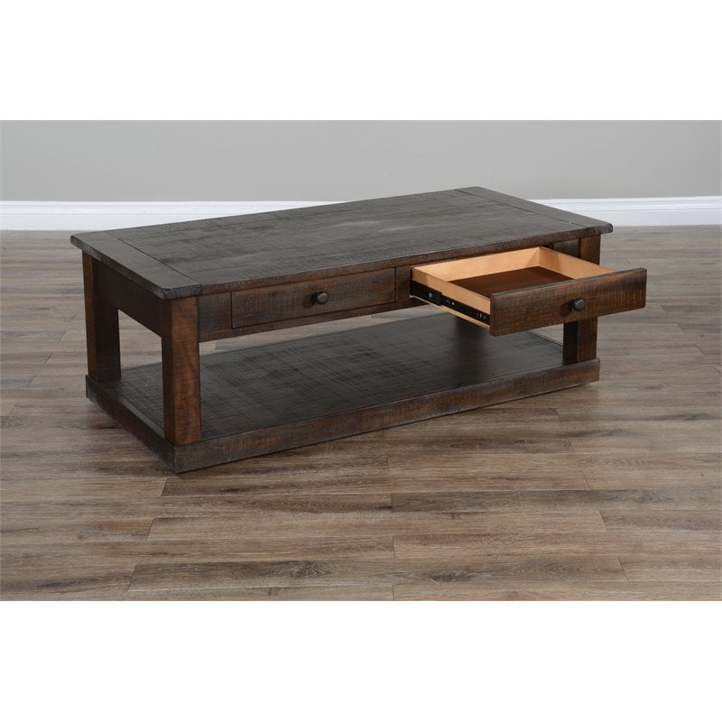 Pemberly Row Rough Sawn Mahogany Wood Coffee Table in Tobacco Leaf