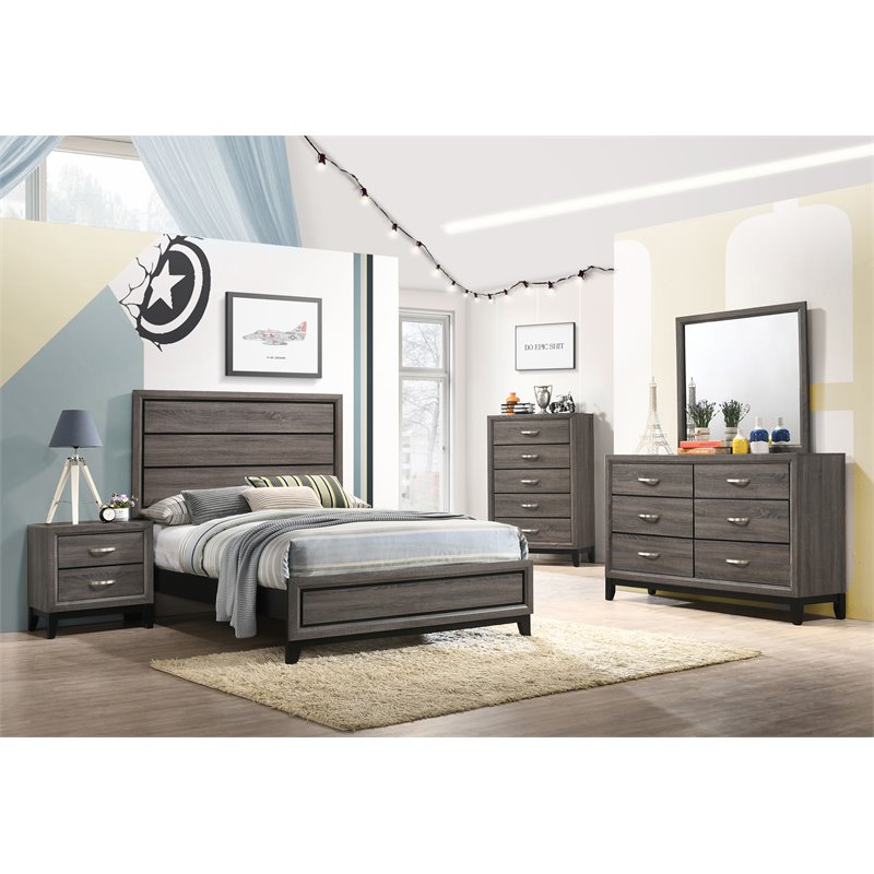 Pemberly Row 5-piece Full Panel Wood Bedroom Set in Gray Oak and Black