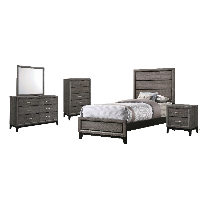 Pemberly Row 5-piece Twin Panel Wood Bedroom Set in Gray Oak and Black