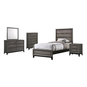 Pemberly Row 5-piece Twin Panel Wood Bedroom Set in Gray Oak and Black