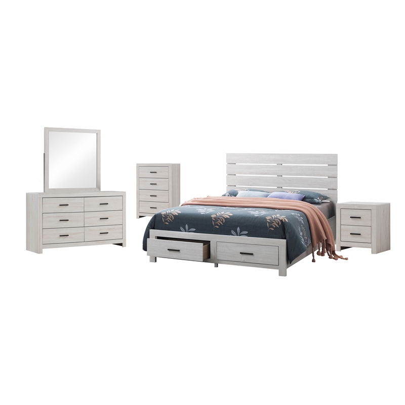Pemberly Row 5-piece Queen Storage Wood Bedroom Set in Coastal White