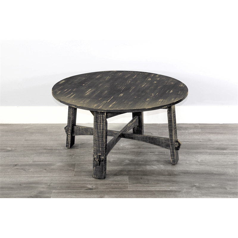 Pemberly Row Farmhouse Mahogany Wood Coffee Table in Black Sand