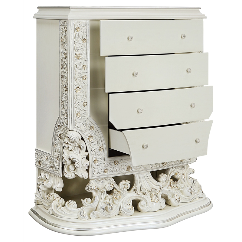 Pemberly Row 4 Drawers Wooden Chest with Floral Motifs in Antique White