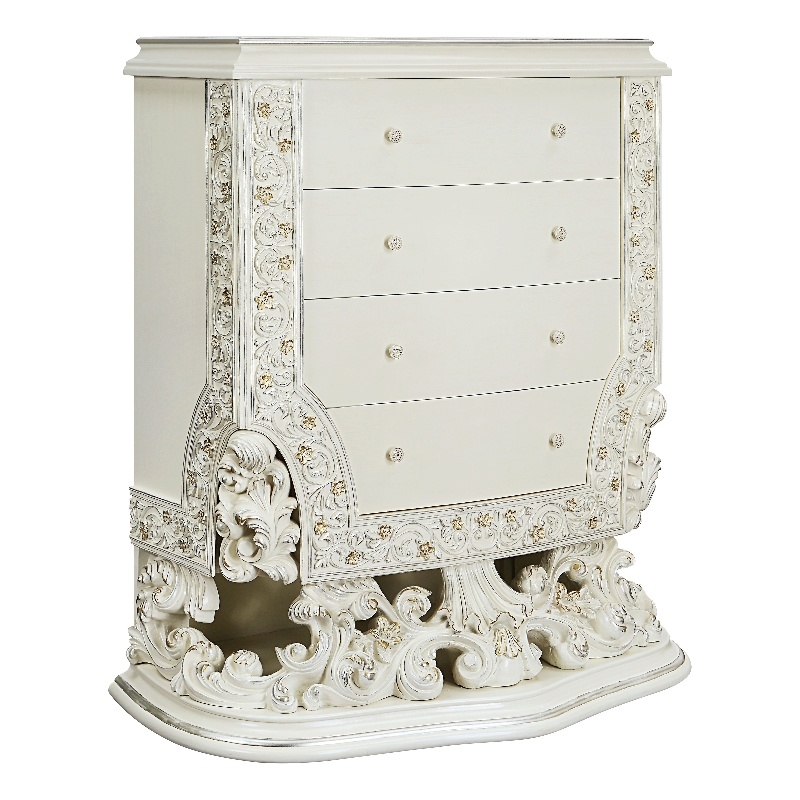 Pemberly Row 4 Drawers Wooden Chest with Floral Motifs in Antique White