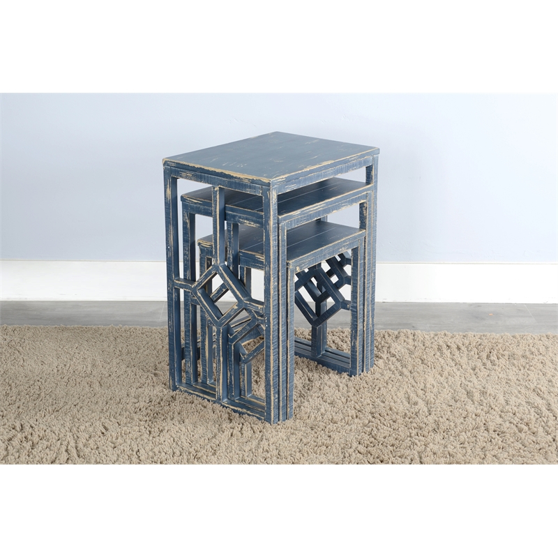 Pemberly Row Ocean Blue Solid Wood and Veneers Nesting Table