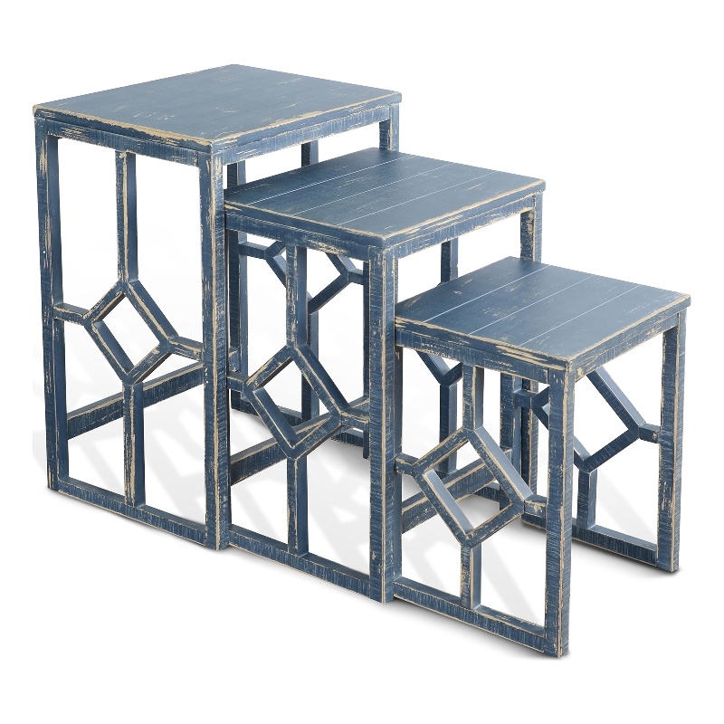 Pemberly Row Ocean Blue Solid Wood and Veneers Nesting Table