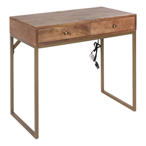 Pemberly Row Mid-Century Wood and Metal Writing Desk in Brown/Gold