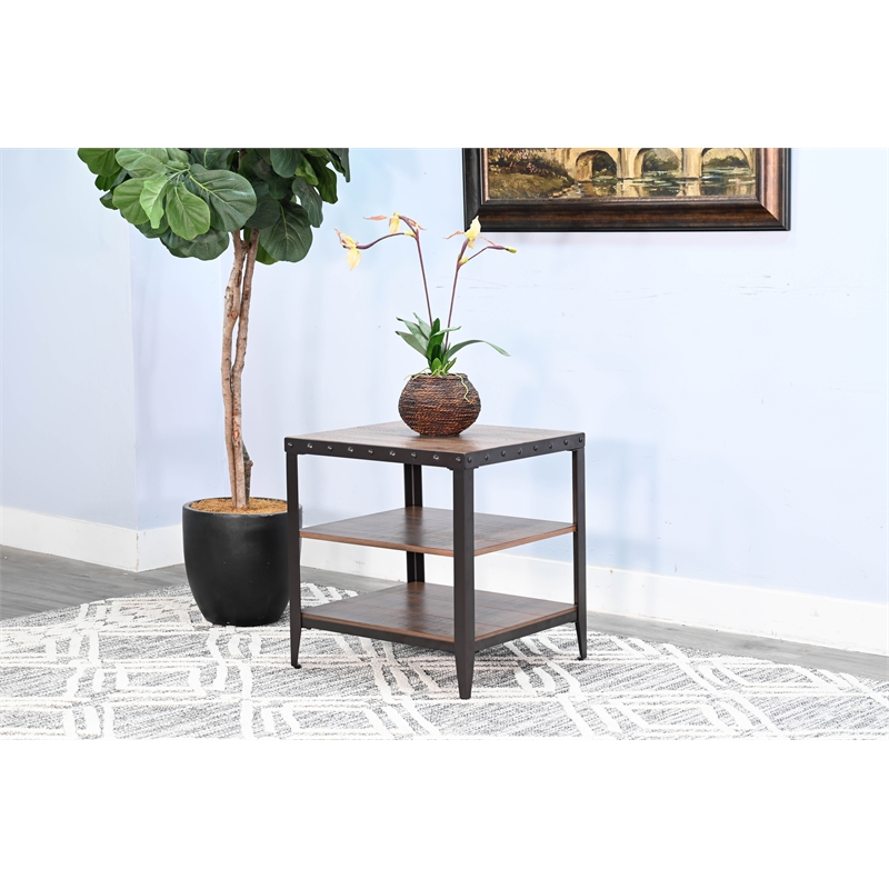 Pemberly Row Contemporary Metal & Solid Wood End Table in Brown
