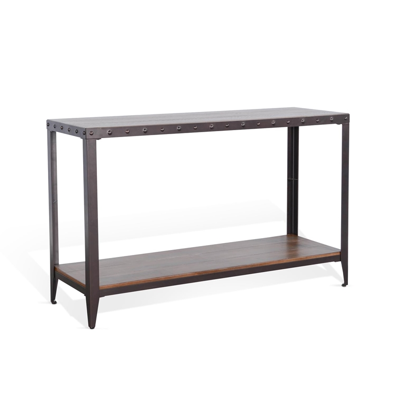 Pemberly Row Contemporary Metal & Solid Wood Sofa Table in Brown