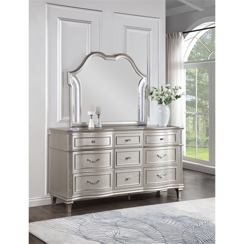 Pemberly Row Modern 9-drawer Wood Dresser with Mirror Silver Oak