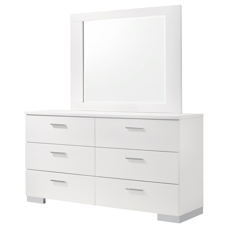 Pemberly Row Modern 6-drawer Wood Dresser with Mirror Glossy White
