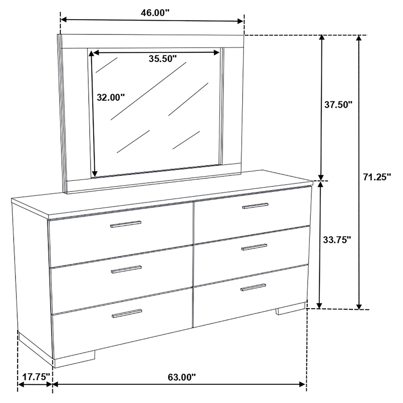 Pemberly Row Modern 6-drawer Wood Dresser with Mirror Glossy White